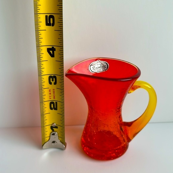 VTG Rainbow Art Glass Hand Blown Mini Crackle Glass Pitcher Orange & Yellow 3”H - Picture 5 of 8